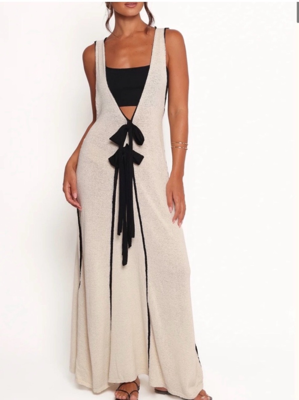 Zara Cream Maxi Dress with Black Tie Accents